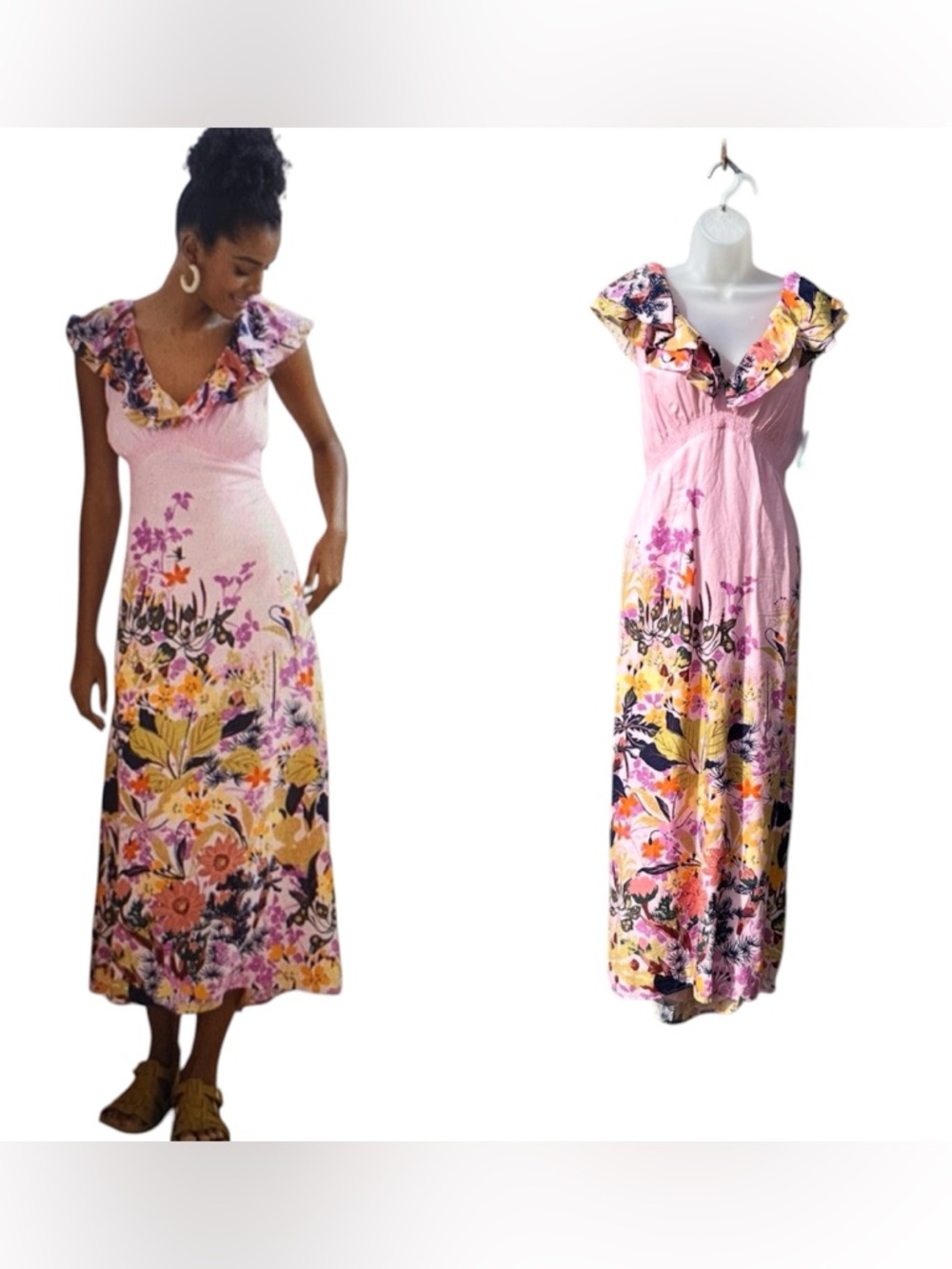 ANTHROPOLOGIE Women Sz 1X Linen Pink Floral V-Neck Ruffle Sleeveless Midi Dress.